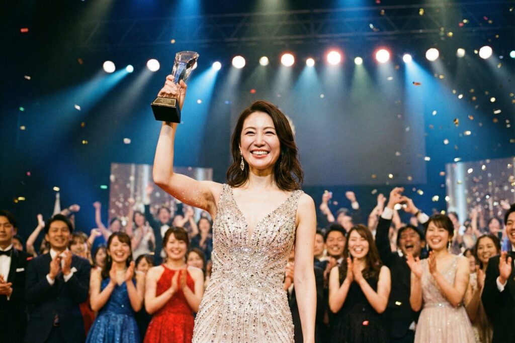コンテストで優勝してトロフィーを掲げる輝いた女性